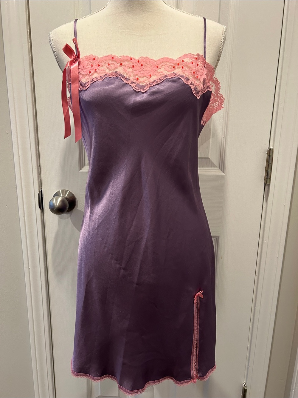 Lavender Satin Chemise with Pink Lace Trim
